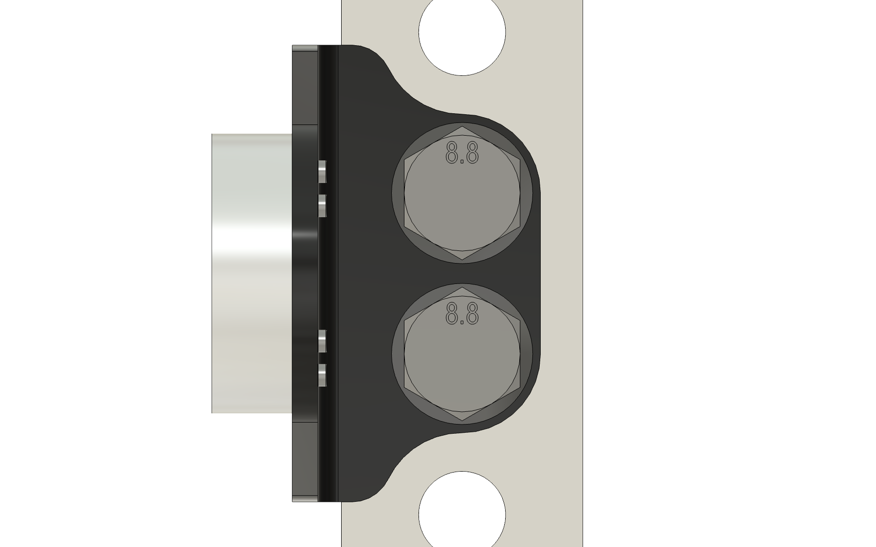 The flange from the rack's side: two bolt heads with washers, each in a rounded corner, and the plate curving in around the free holes above and below.